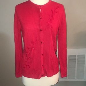 Red cardigan sweater with embroidery and sequins